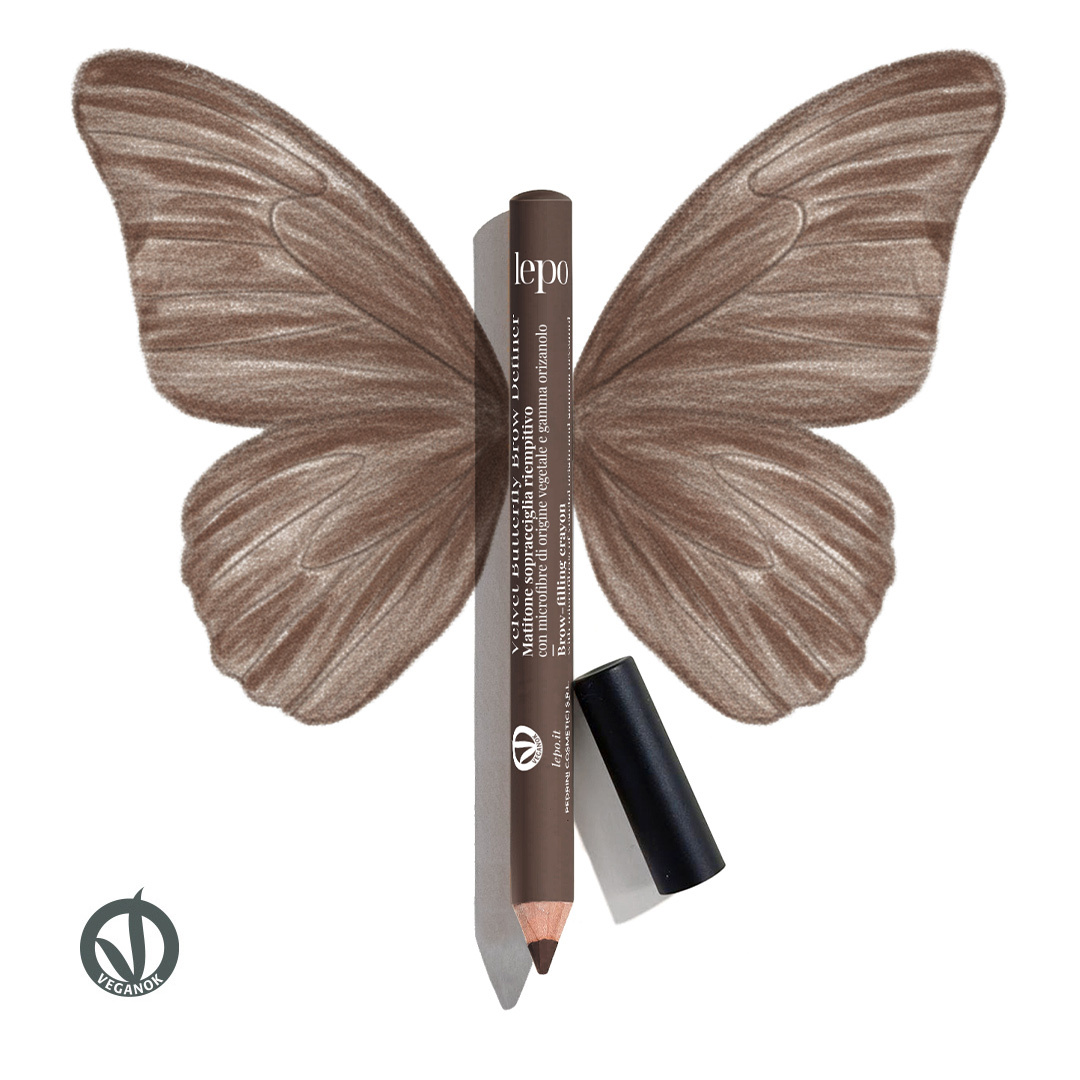 VELVET BUTTERFLY BROW DEFINER Matitone sopracciglia riempitivo con microfibre di origine vegetale e gamma orizanolo MOKA